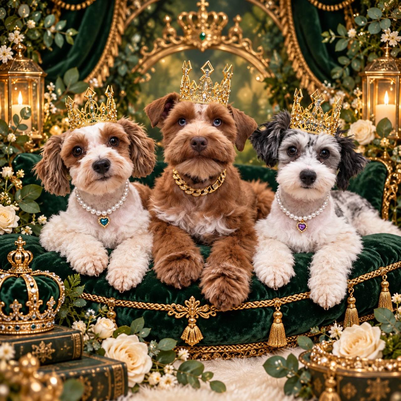 Royal-inspired artwork of three crowned miniature schnauzers